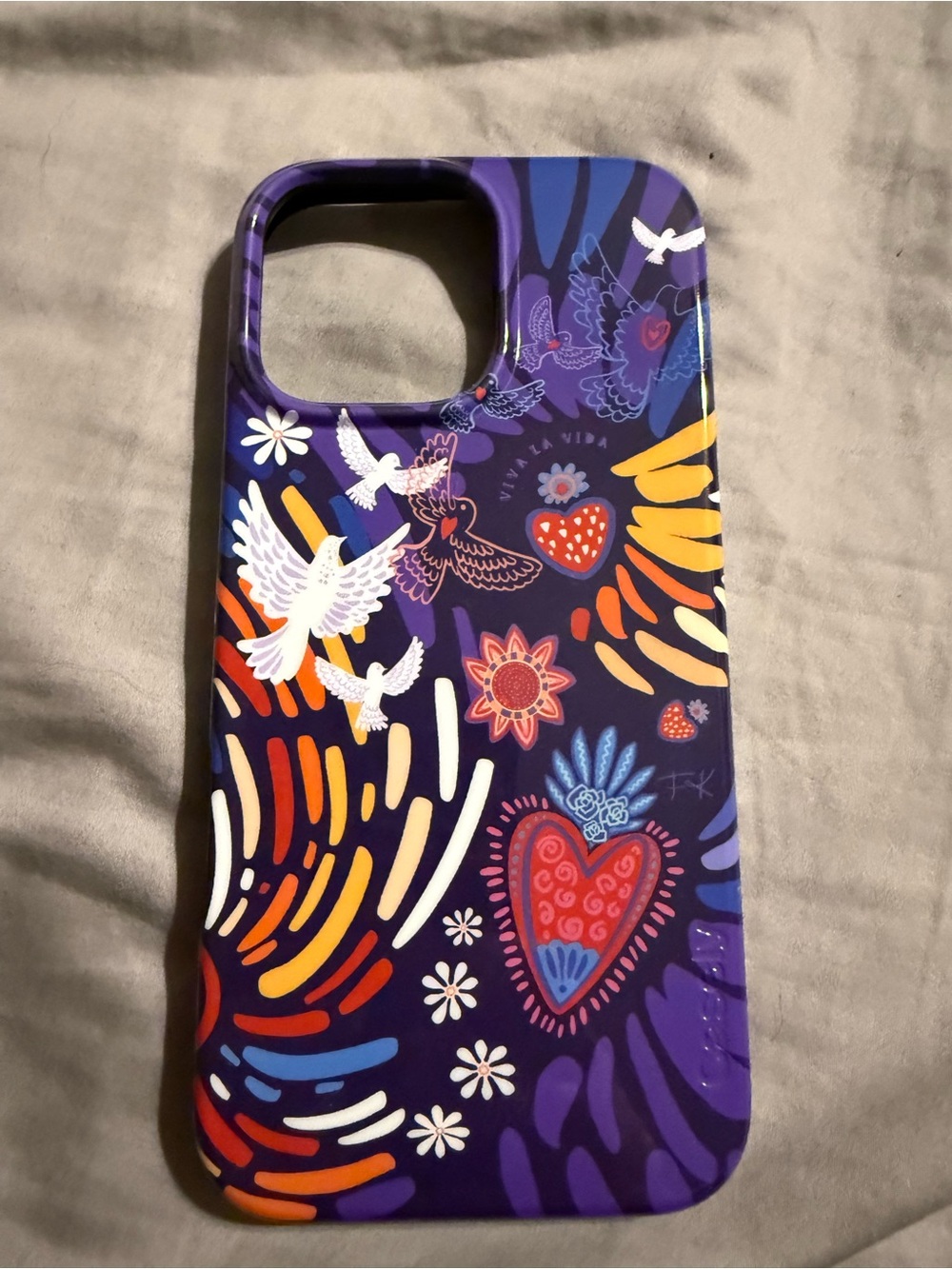 Purple Patterned Decorative Phone Case - Vibrant Heart & Dove Design